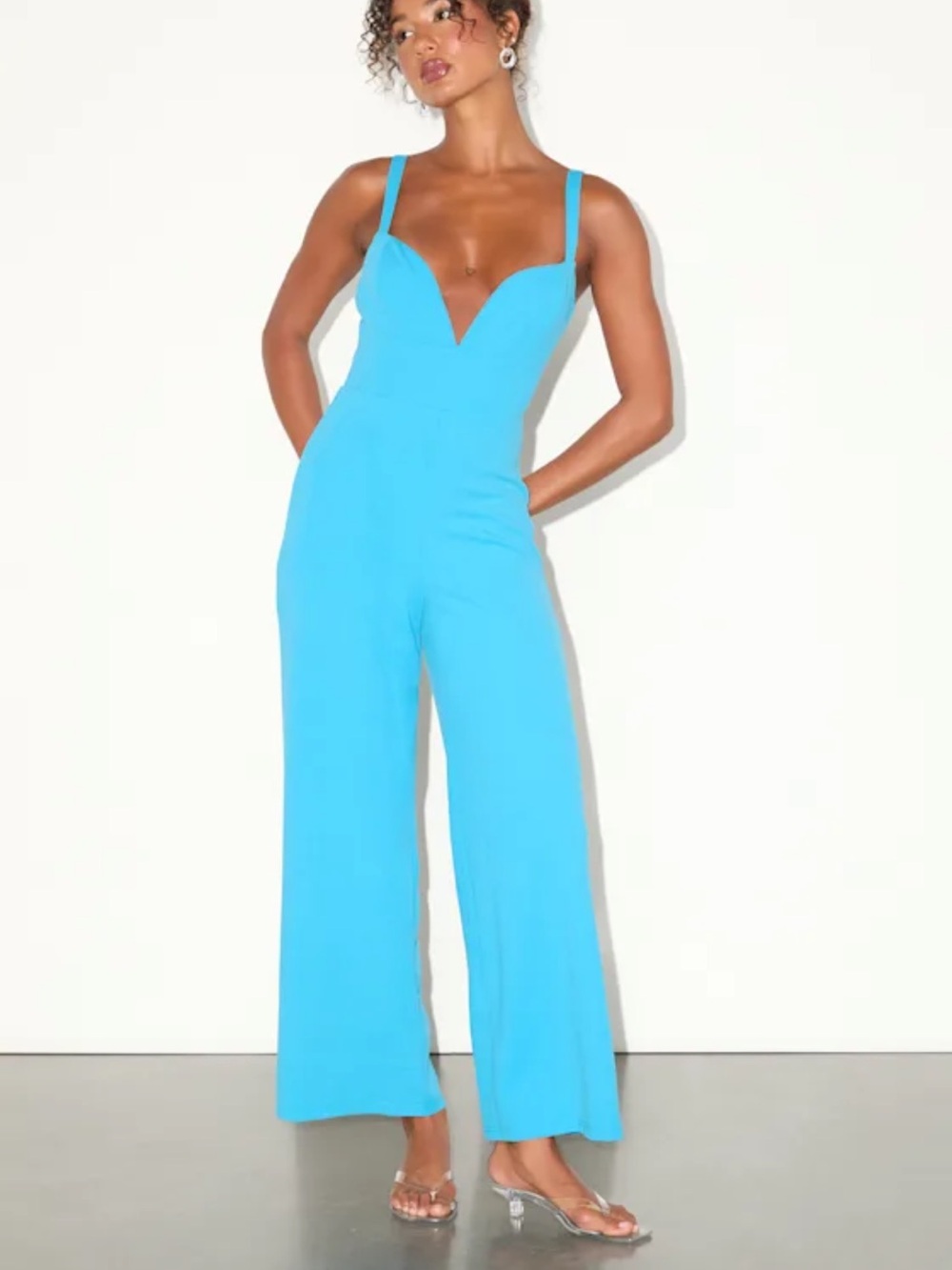 NWT Lulus Brighton Bright Blue Plunge Wide-Leg Jumpsuit Party Cocktail Size XS